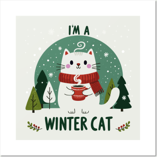 Cute Cat with Chocolate in Snowy Background - I Am a Winter Cat Posters and Art